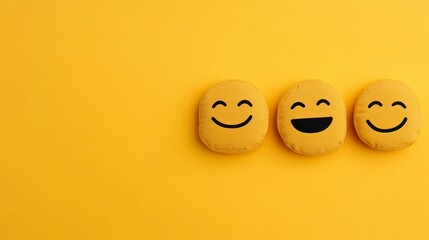Colorful yellow background featuring three cheerful smiley face pillows displaying different expressions of happiness and joy.