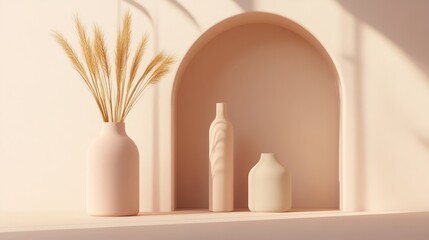 A minimalist display of light peach-toned vases and grasses.