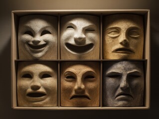A collection of handcrafted theatrical masks in a box.