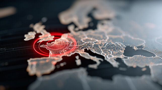 Geographic Alert: A digital world map highlights a specific region with a glowing red alert, symbolizing a significant event. 