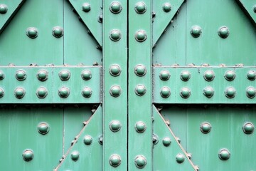 Metal doors with  studded reinforcement.  Green painted  fortified  heavy-duty  construction