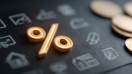 Interest Rate Symbol in Finance: A golden percentage symbol stands prominently amidst the backdrop of financial symbols and scattered coins, symbolizing rates and costs.