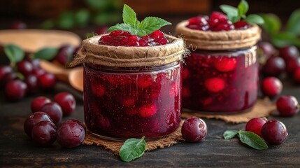 Two glass jars of homemade cranberry sauce, garnished with fresh mint.