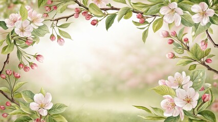 Elegant Watercolor Floral Frame with Delicate Cherry Blossoms and Soft Greenery