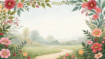 Watercolor Meadow Scene with Blooming Flowers and Winding Path Illustration