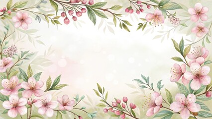 Watercolor pink cherry blossom flower frame with green leaves and branches