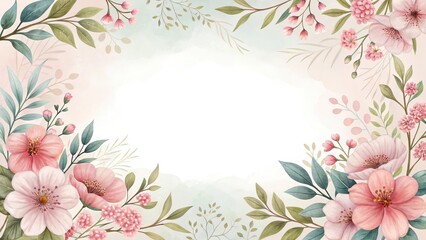 Watercolor Floral Frame with Pink Flowers and Green Leaves Illustration Background