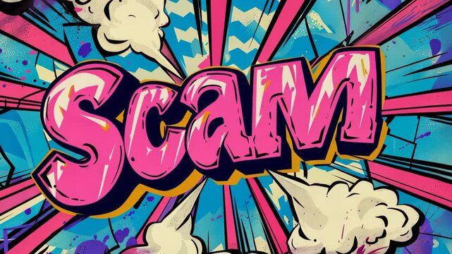 Beware of the "scam" depicted in this bold, cartoonish illustration with dynamic lines and cloud-like bursts stylized energy.