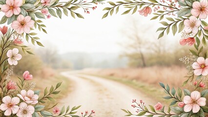 Floral frame surrounding a misty countryside road in a watercolor style painting