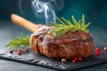 Juicy tomahawk steak rests on black slate with rosemary and smoke swirling around. Elegant setting captures high-end culinary experience. Concept of fine dining, gourmet restaurants, upscale catering