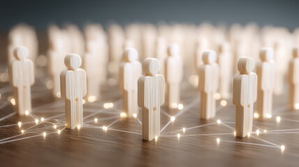 A collection of wooden figures connected by glowing lines.