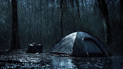 Lone tent in a rain-soaked forest at night.