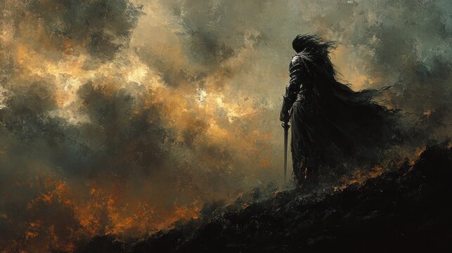 Lone warrior stands on a hilltop amidst a fiery, stormy sky, sword at his side.