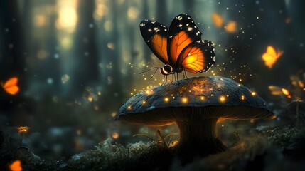 Original tiny creature with glowing eyes sitting on a mushroom with butterfly wings surrounded by magic in a forest