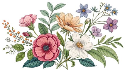 Delicate floral arrangement with diverse blossoms and verdant foliage on white backdrop