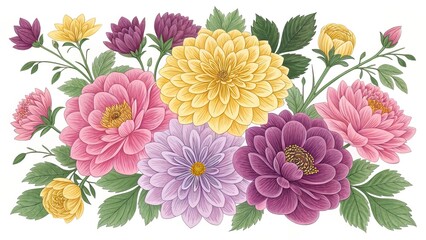 Colorful Arrangement of Dahlias with Green Leaves on a White Background