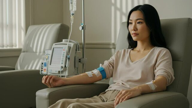 Calm Asian woman receiving chemotherapy treatment in a hospital room  