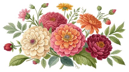 Watercolor Floral Bouquet of Dahlias and Chrysanthemums on a White Background