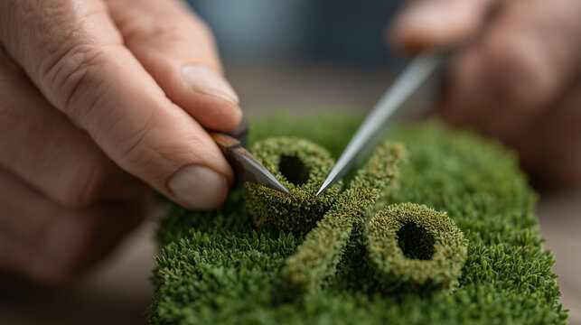 Crafting the Percentage: A pair of hands meticulously carves a percentage symbol into a lush patch of moss, symbolizing growth, sustainability, and careful planning.