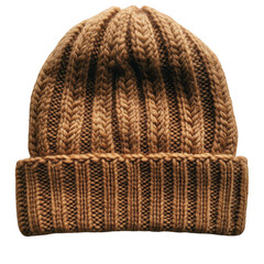 Fototapeta premium Buy knit beanie hat for winter brown wool cap headwear fashion accessory online warm head covering style trend 2024 on transparent background