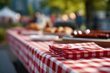 Festive picnic table adorned with red checkered cloth, showcasin