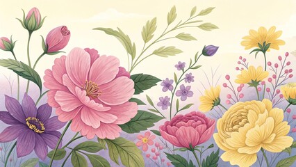 Watercolor Floral Arrangement with Pink, Purple, and Yellow Flowers on Pale Background