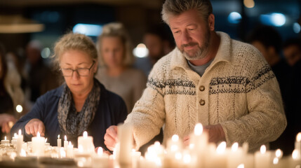 Candlelight Reverence: A poignant scene captures the act of lighting candles, reflecting solemnity and introspection, bathed in the soft glow of candlelight and creating a moment of quiet reflection.