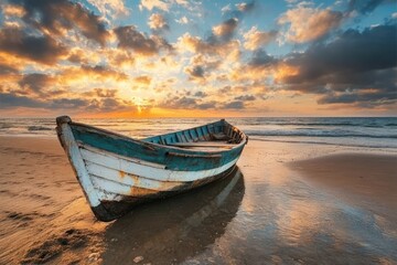 Fototapeta premium Tranquil sunset over a weathered fishing boat on a sandy beach