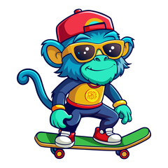 A vibrant, detailed, and funny cartoon Chimpanzee wearing sunglasses on a skateboard, 3D rendered 