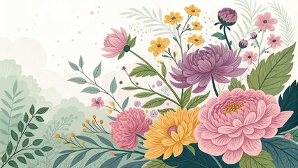 Delicate floral illustration with pastel tones and a whimsical, garden feel.