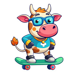 Obraz premium A vibrant, detailed, and funny cartoon cow wearing sunglasses on a skateboard, 3D rendered 