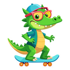 Fototapeta premium A vibrant, detailed, and funny cartoon Crocodile wearing sunglasses on a skateboard, 3D rendered