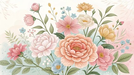 A beautiful floral arrangement with soft watercolor and pastel tones background