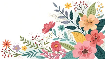 Floral Arrangement with Various Flowers, Leaves, and Berries on a White Background