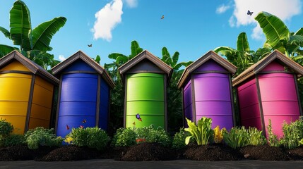 Obraz premium Colorful garden storage containers lined up amidst lush greenery and butterflies under a bright blue sky