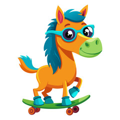 Fototapeta premium A vibrant, detailed, and funny cartoon Horse wearing sunglasses on a skateboard, 3D rendered
