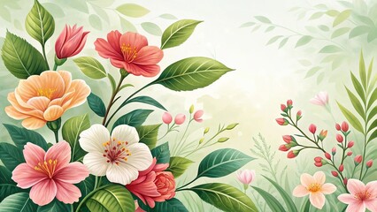 Elegant floral watercolor painting with soft pastel colors and light green background