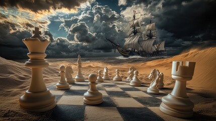 Chessboard on a desert beach, with a ship sailing in the distance