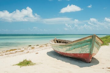 Fototapeta premium Seascape with vintage boat on sandy shore. Bright sunny day