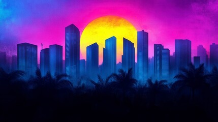Obraz premium Vibrant city skyline silhouette against a colorful sunset with a bright sun and palm trees in the foreground