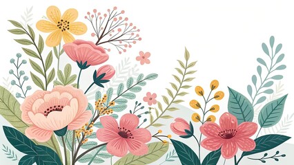 Delicate floral arrangement featuring pastel colors and botanical elements on white background