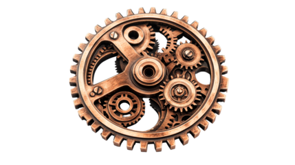 Complex bronze cogwheel system machinery, precision gears, cut out transparent