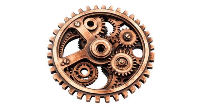 Complex bronze cogwheel system machinery, precision gears, cut out transparent