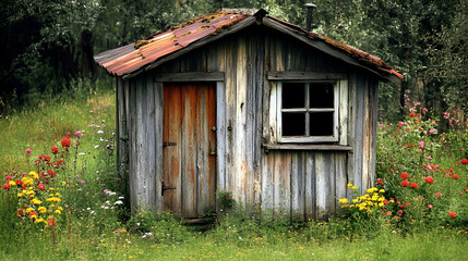 Rustic wooden shed nestled in a vibrant wildflower meadow, evoking a sense of nostalgia and tranquility.
