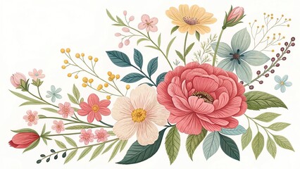 Delicate floral arrangement with assorted blooms and foliage against a white background