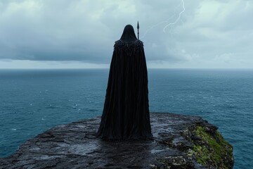 Mysterious figure in black cloak standing on cliff overlooking ocean during a storm.
