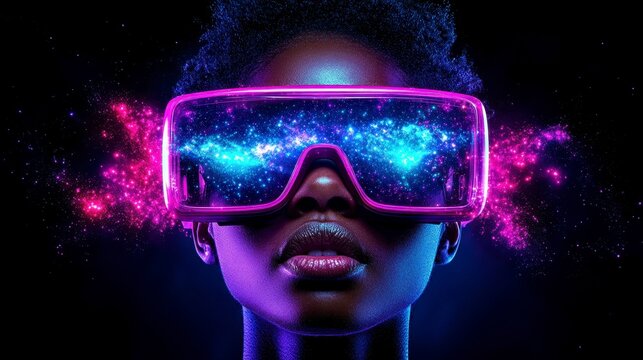 A futuristic vision of exploration and imagination: A woman embodies the essence of virtual reality with starry cosmos emerging from her VR headset.
