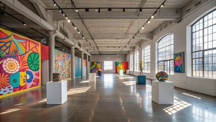 Obraz premium Redevelopment of abandoned spaces Bright, spacious art gallery featuring colorful murals and sculptures in a contemporary setting.