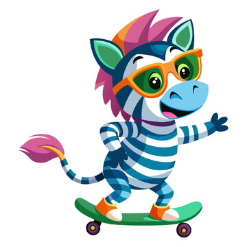 A vibrant, detailed, and funny cartoon Zebra wearing sunglasses on a skateboard, 3D rendered 