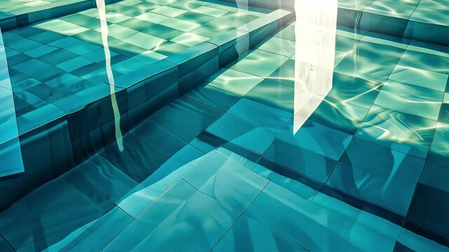 Sunlight dances off the turquoise-tiled surface of a pool, creating mesmerizing patterns and reflections, while casting long shadow that makes it look like clear glass.
